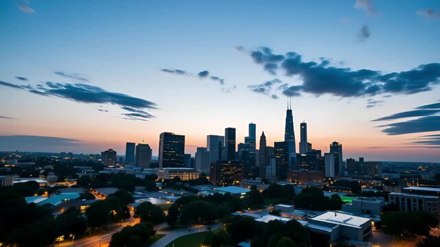 Chicago skyline at dusk with dramatic clouds and city lights cityscape