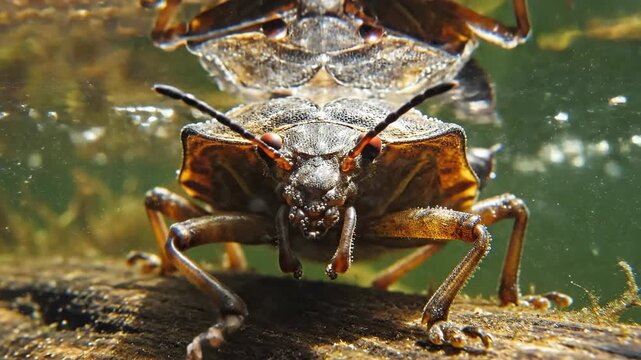 Detailed macro photograph of a brown aquatic insect with segmented legs and antennae on a submerged branch