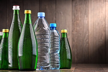 Different sorts of bottles containing mineral water