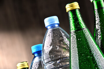 Different sorts of bottles containing mineral water