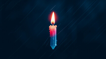 Mesmerizing neon candle flame burning brightly against dark, moody blue background, illuminating melted wax in dramatic cyan and magenta hues, symbolizing hope in darkness