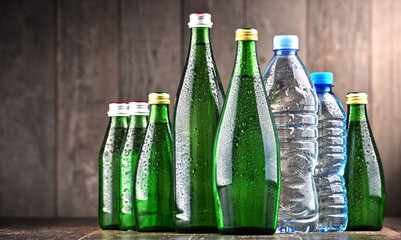 Different sorts of bottles containing mineral water