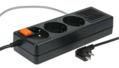A black rectangular power strip with multiple outlets, on/off switch, and attached power cord