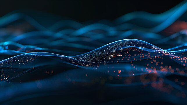 Abstract digital waveform landscape with glowing data points and flowing particle motion