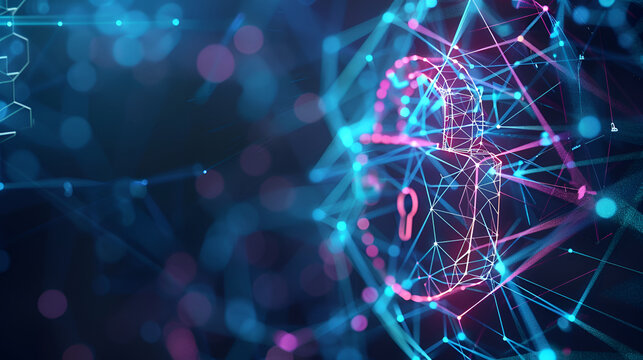 Digital cybersecurity concept with glowing padlock, data protection and security 