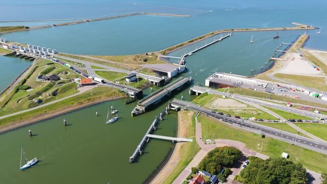 multiple lifting bridges a7 motorway facilitate transit lorentzsluizen complex infrastructure serves gap between wadden sea ijsselmeer afsluitdijk netherlands kornwerderzand north holland 