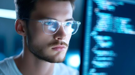 Young adult with glasses and intense gaze is absorbed by a computer screen displaying lines of programming code in a dark tech focused environment