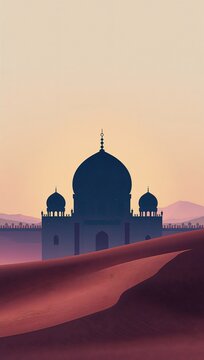 Silhouette of a beautiful mosque illuminated by the warm hues of a desert sunset, with rolling sand dunes in the foreground