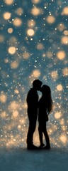 Romantic couple embrace under glowing lights intimate setting silhouette view love concept