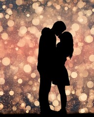 Couple embracing in romantic silhouette nighttime cityscape digital art soft lights intimate perspective love concept