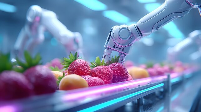 Precision robotic arms engage in automated sorting of ripe strawberries and oranges along a glowing conveyor belt within a high tech food production facility highlighting agricultural automation