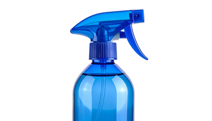 A close-up of a blue, transparent spray bottle against a stark black background