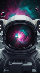 Close-up of astronaut helmet reflecting nebula, showcasing cosmic exploration and vastness of space, symbolizing adventure, discovery, and the unknown