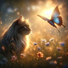 The butterfly teaches the cat to enjoy the moment