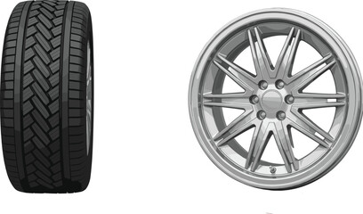 Obraz premium Car Tire and Alloy Wheel Rim Set Vector Illustration Isolated on White Background for Automotive Design and Transport Concept