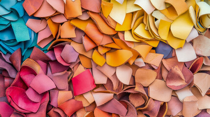 Vibrant collection of colorful leather scraps arranged in beautiful gradient, showcasing rich palette of blues, yellows, oranges, and reds, ideal for textured backgrounds and craft projects.