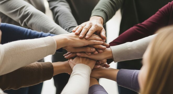 Teamwork's Touch: a visual symphony of unity and support, a collective of hands joined in a powerful symbol of collaboration, trust, and shared purpose.