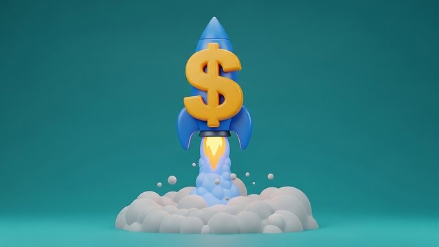 Stunning 3D illustration of a dollar symbol rocket taking off, embodying explosive financial growth, startup success, rapid investment returns, and economic prosperity