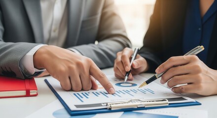 Detailed Business Meeting: Two professionals collaborate, meticulously reviewing financial documents with focused attention and expertise.
