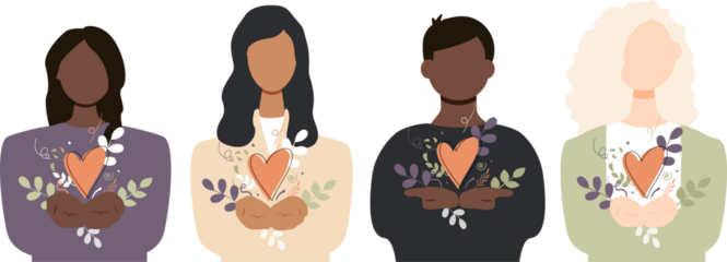 Women and man standing with palms together, extended forward in a gesture of offering. International Women's Day 2026 concept.