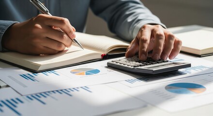 Meticulous Financial Analysis: Focused hands meticulously review financial data, meticulously calculating figures on a calculator while taking notes.