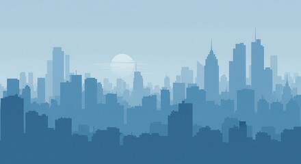 Fototapeta premium Skyline Silhouette: A mesmerizing depiction of a city skyline, its towering structures veiled in a soft, dreamy haze, with a subtle sun peeking through, capturing the essence of urban serenity.