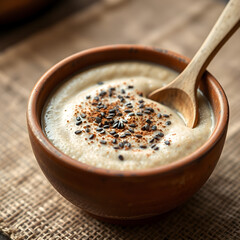 Creamy porridge served in a brown clay bowl, garnished with black seeds and a wooden spoon, on a rustic background
