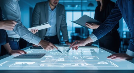 Business Team Collaboration on High-Tech Interface: A group of business professionals collaborates, pointing at a glowing interactive table interface, visualizing data and concepts.