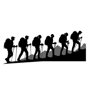 Group of Hikers Walking in Silhouette.