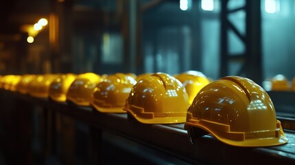 Yellow hard hats on factory conveyor belt