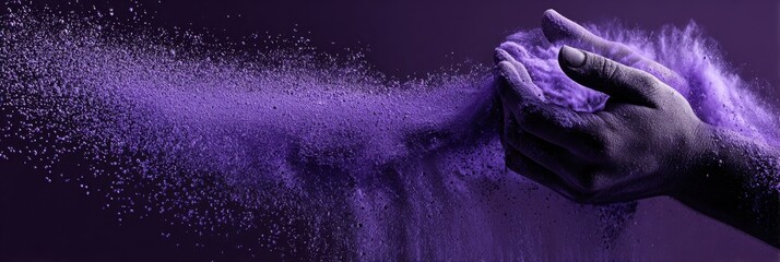 Hands releasing vibrant purple pigment in motion, epilepsy awareness, hope, support, and celebration of Purple Day