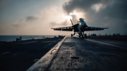 fighter jet prepares to launch from a carrier deck