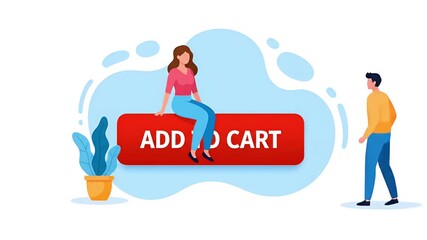 People clicking add to cart button online animation on white background
