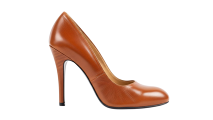 Pair of high heeled in tan leather with wooden heel and high.