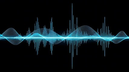 Visual representation of technology blue sound wave on a dark background with varying amplitudes and frequencies
