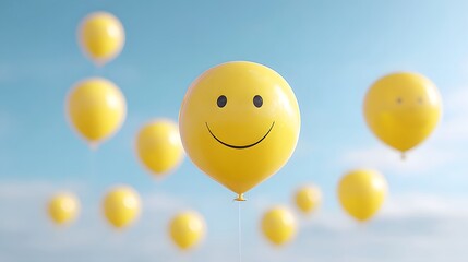A collection of bright yellow balloons many adorned with happy smiley faces drift weightlessly against a clear serene blue sky creating an atmosphere of pure delight and celeb n