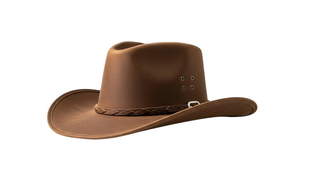 Brown cowboy hat with braid around the bre and leather band around.