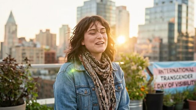 Young Transgender Woman Laughing on Rooftop at Sunset