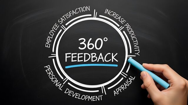 Hand drawing a detailed 360 degree feedback diagram on a dark chalkboard illustrating concepts like employee satisfaction and increased productivity outcomes.