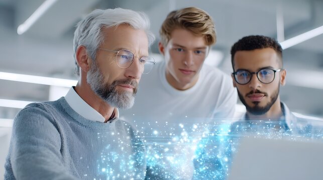 A multi gene nal and diverse team of professionals intently working together on a laptop exploring complex data visualizations and innovative technology in a modern office setting