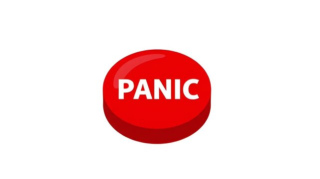 Hand pressing panic button on white background
