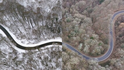 Aerial View of Winding Forest Road in Winter and Autumn Split Scene
