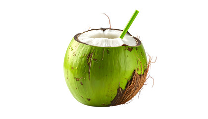 Fresh, green coconut cut open with a straw, against a black background