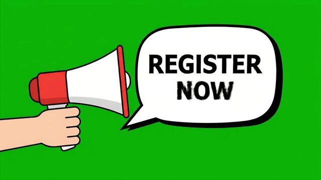 Hand holding megaphone with register now speech bubble on green screen background
