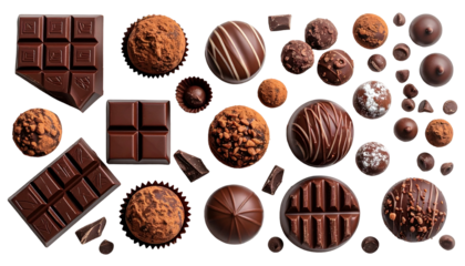 Assortment of diverse chocolates, bars, and truffles arranged against a black backdrop
