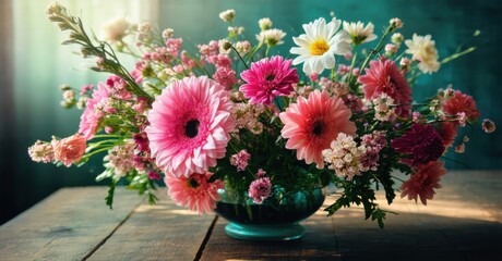 Obraz premium Vibrant flower arrangement sits upon rustic wooden surface. Pink, white blooms create cheerful display. Soft light enhances beauty.