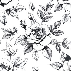 Seamless Floral Line Art Pattern with Hand Drawn Botanical Flowers
