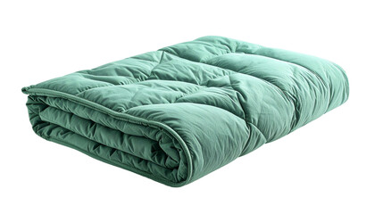 A folded, quilted blanket, in a teal-green hue, with visible stitching and soft texture