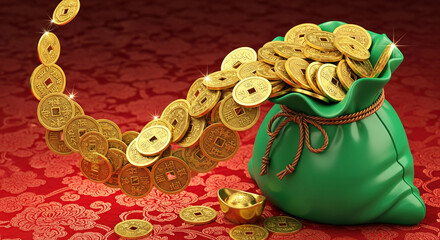 Obraz premium Green bag filled with golden coin on red floral pattern. Represents fortune, wealth, and prosperity, ideal for finance or Chinese New Year theme