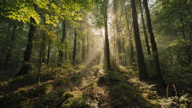 Sunlit forest scene. Trees, dappled light, and foliage create a serene and magical atmosphere